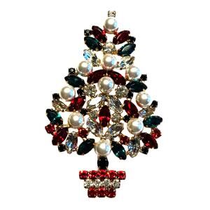 Christmas tree brooch ornate gold festive red & green rhinestones & pearl beads